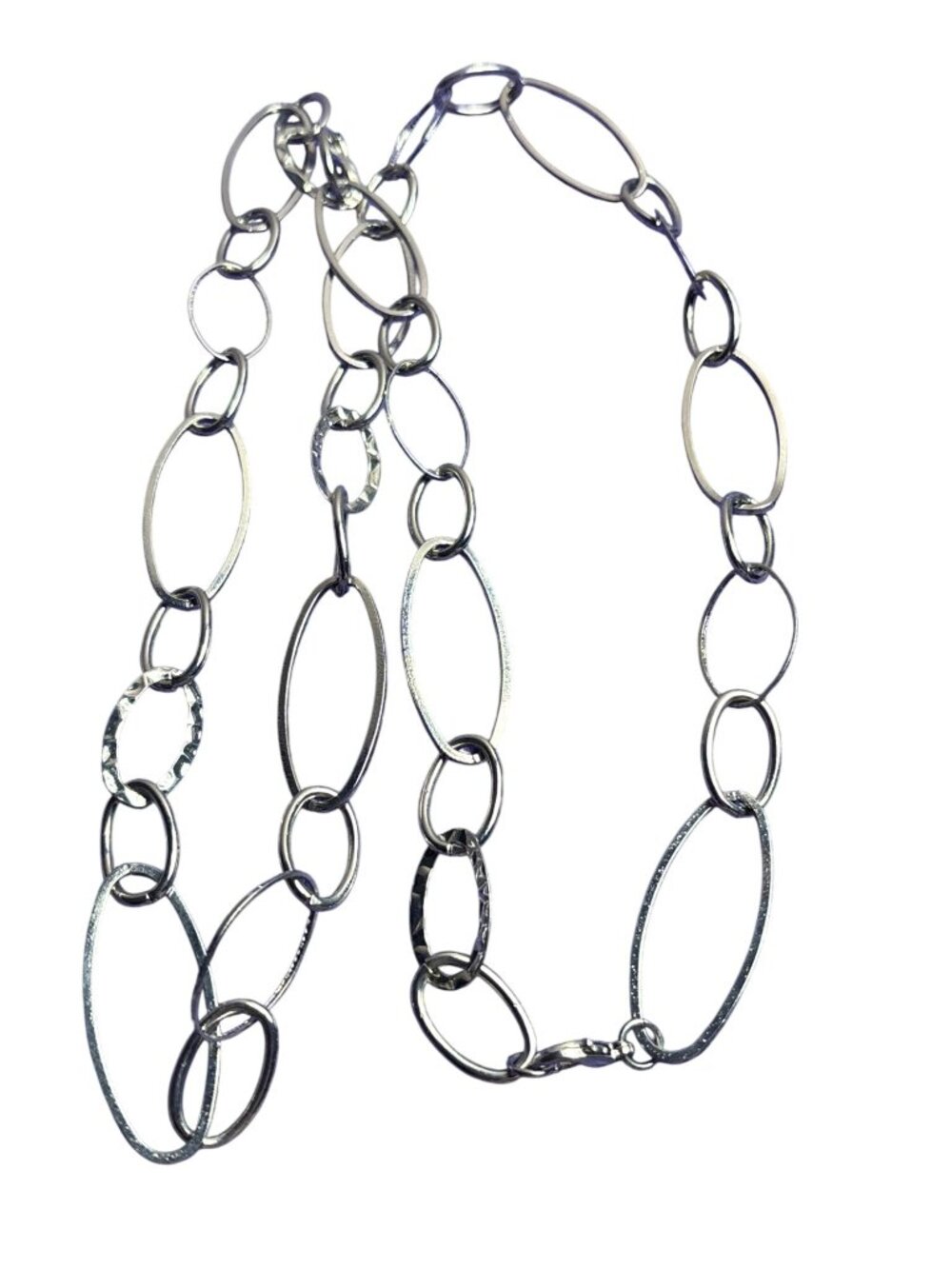 Silvertone Textured Oval Links Chain Necklace Lobster Clasp 38 inches Long